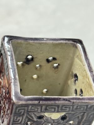 A pair of Chinese aubergine-glazed openworked square brush pots on later wooden stands — photo 10