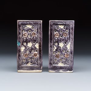 A pair of Chinese aubergine-glazed openworked square brush pots on later wooden stands — photo 3
