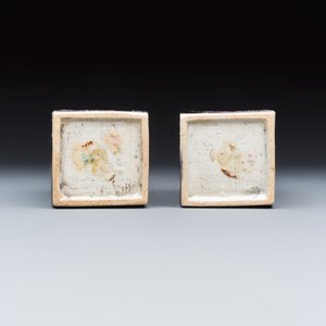 A pair of Chinese aubergine-glazed openworked square brush pots on later wooden stands — photo 8