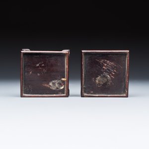 A pair of Chinese aubergine-glazed openworked square brush pots on later wooden stands — photo 9