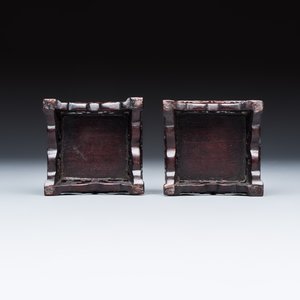 A pair of Chinese aubergine-glazed openworked square brush pots on later wooden stands — photo 10