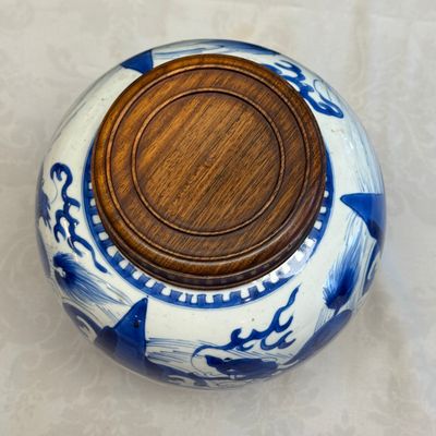 A pair of Chinese blue and white 'Mythical Beast' jars with later wooden covers and stands — 照片 8