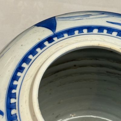 A pair of Chinese blue and white 'Mythical Beast' jars with later wooden covers and stands — 照片 11