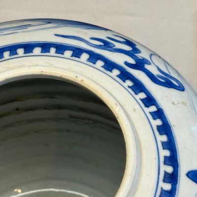 A pair of Chinese blue and white 'Mythical Beast' jars with later wooden covers and stands — 照片 12