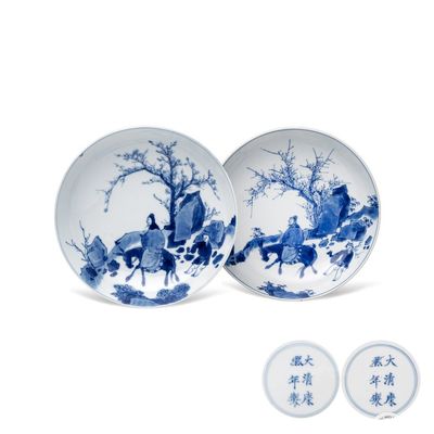 A pair of Chinese blue and white 'Ta Xue Xun Mei 踏雪尋梅' plates, Kangxi mark and of the period