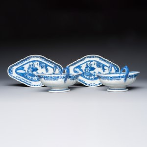A pair of Chinese blue and white handled sauce boats and stands with pagodas along a river — photo 2