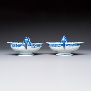 A pair of Chinese blue and white handled sauce boats and stands with pagodas along a river — photo 3