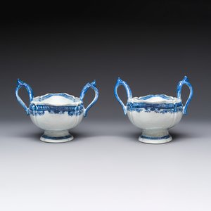 A pair of Chinese blue and white handled sauce boats and stands with pagodas along a river — photo 4