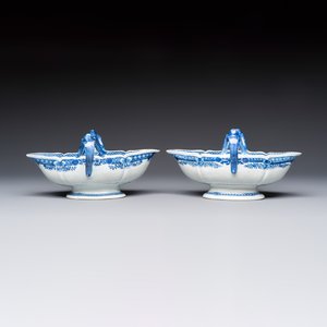 A pair of Chinese blue and white handled sauce boats and stands with pagodas along a river — photo 5