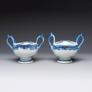 A pair of Chinese blue and white handled sauce boats and stands with pagodas along a river — photo 6