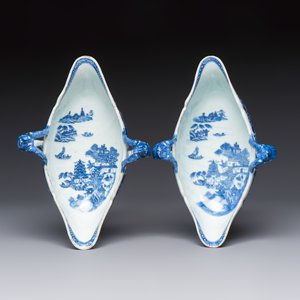 A pair of Chinese blue and white handled sauce boats and stands with pagodas along a river — photo 7