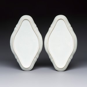 A pair of Chinese blue and white handled sauce boats and stands with pagodas along a river — photo 10