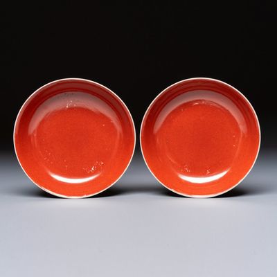 A pair of Chinese coral-red-glazed plates, Qianlong