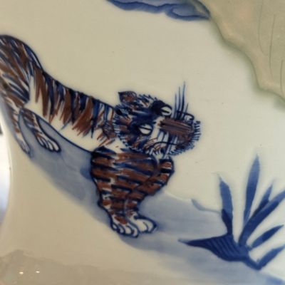 A pair of Chinese underglaze-blue, copper-red and celadon-glazed 'Dragon and Tiger' vases and covers — photo 6