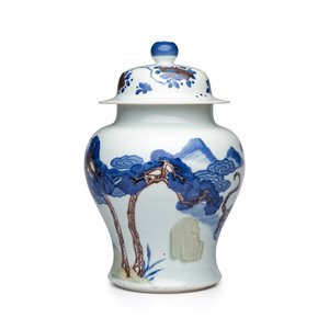 A pair of Chinese underglaze-blue, copper-red and celadon-glazed 'Dragon and Tiger' vases and covers — photo 12