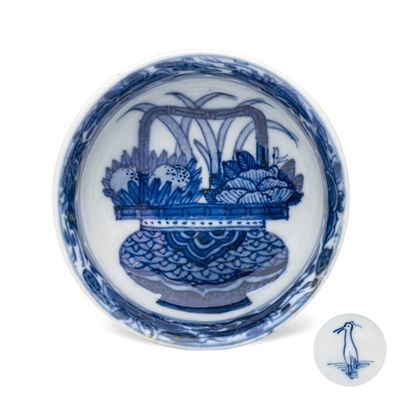 A rare Chinese blue and white 'Flower Basket' shallow bowl, Egret mark, Wanli