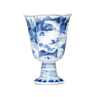 A rare Chinese blue and white 'Mountainous Landscape' lobed goblet, Kangxi