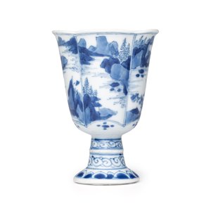 A rare Chinese blue and white 'Mountainous Landscape' lobed goblet — photo 5