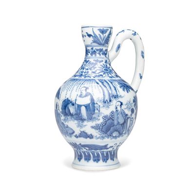 A rare Chinese blue and white 'Scholars Gathering' jug, Transitional period