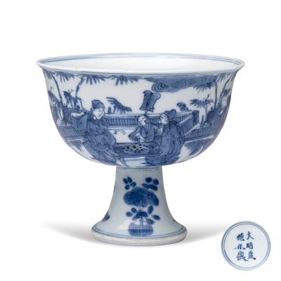 A rare Chinese blue and white 'Zhu Lin Qi Xian 竹林七賢' stem cup, Xuande mark, Jiajing/Wanli