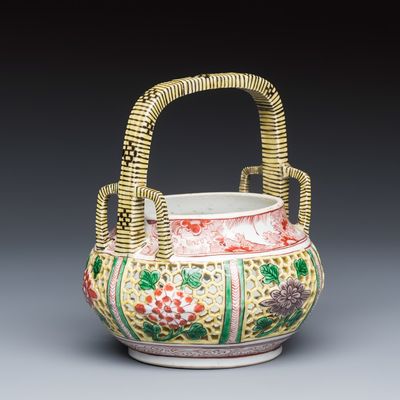 A rare Chinese verte biscuit reticulated basket, Kangxi