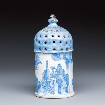 A very rare and early blue and white Dutch Delft chinoiserie caster, 17th C.