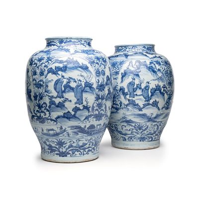 An exceptional pair of large Chinese blue and white 'Dignitaries and Warriors' vases, late Ming