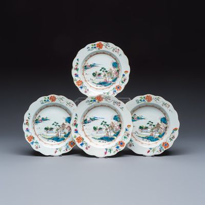 Four Chinese famille rose 'Riverscape' plates, Qianlong