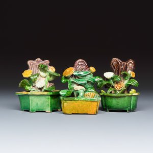 Three Chinese famille verte sancai biscuit 'Jardinière' incense stick holders — photo 1
