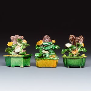 Three Chinese famille verte sancai biscuit 'Jardinière' incense stick holders — photo 2