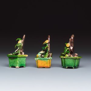 Three Chinese famille verte sancai biscuit 'Jardinière' incense stick holders — photo 3