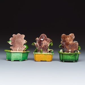 Three Chinese famille verte sancai biscuit 'Jardinière' incense stick holders — photo 4