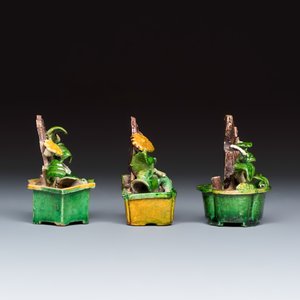 Three Chinese famille verte sancai biscuit 'Jardinière' incense stick holders — photo 5