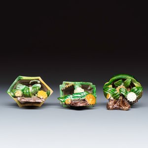 Three Chinese famille verte sancai biscuit 'Jardinière' incense stick holders — photo 6