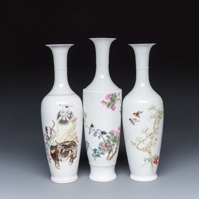 Three Chinese polychrome semi-eggshell vases, Jing De Zhen Zhi 景德鎮製 marks, one signed Li Qi 李岐, dated 1996, 1991 and 1992