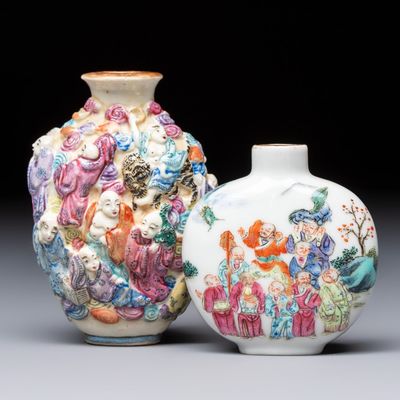 Two Chinese famille rose '18 Luohan' snuff bottles, Qianlong and Daoguang marks, 19th C.