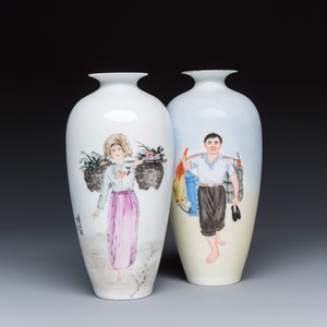 Two Chinese polychrome semi-eggshell vases with figural design — photo 1