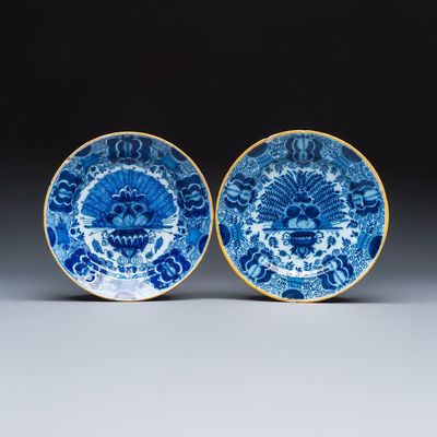 Two blue and white Dutch Delft 'Peacock Feather' plates, 18th C.