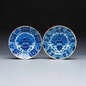 Two blue and white Dutch Delft 'Peacock Feather' plates — photo 1