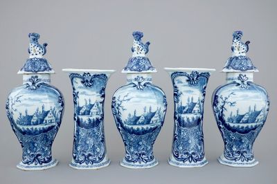A 5-piece blue and white Dutch Delft garniture with landscape design, 18th C.