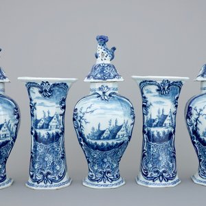 A 5-piece blue and white Dutch Delft garniture with landscape design, 18th C. — photo 1
