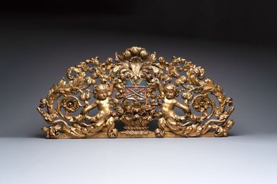A baroque gilt carved wooden panel with an unidentified family crest, possibly Germany, 18th C.