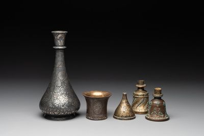 A bidri vase, a steel hookah cup and three copper alloy hookah mounts, India/Persia, 19th C.