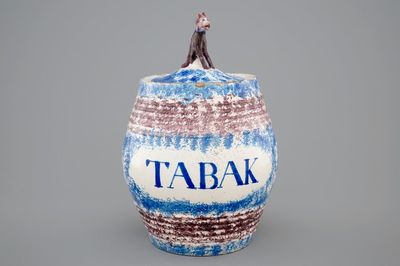 A blue and manganese lidded tobacco jar, Makkum, Friesland, ca. 1850