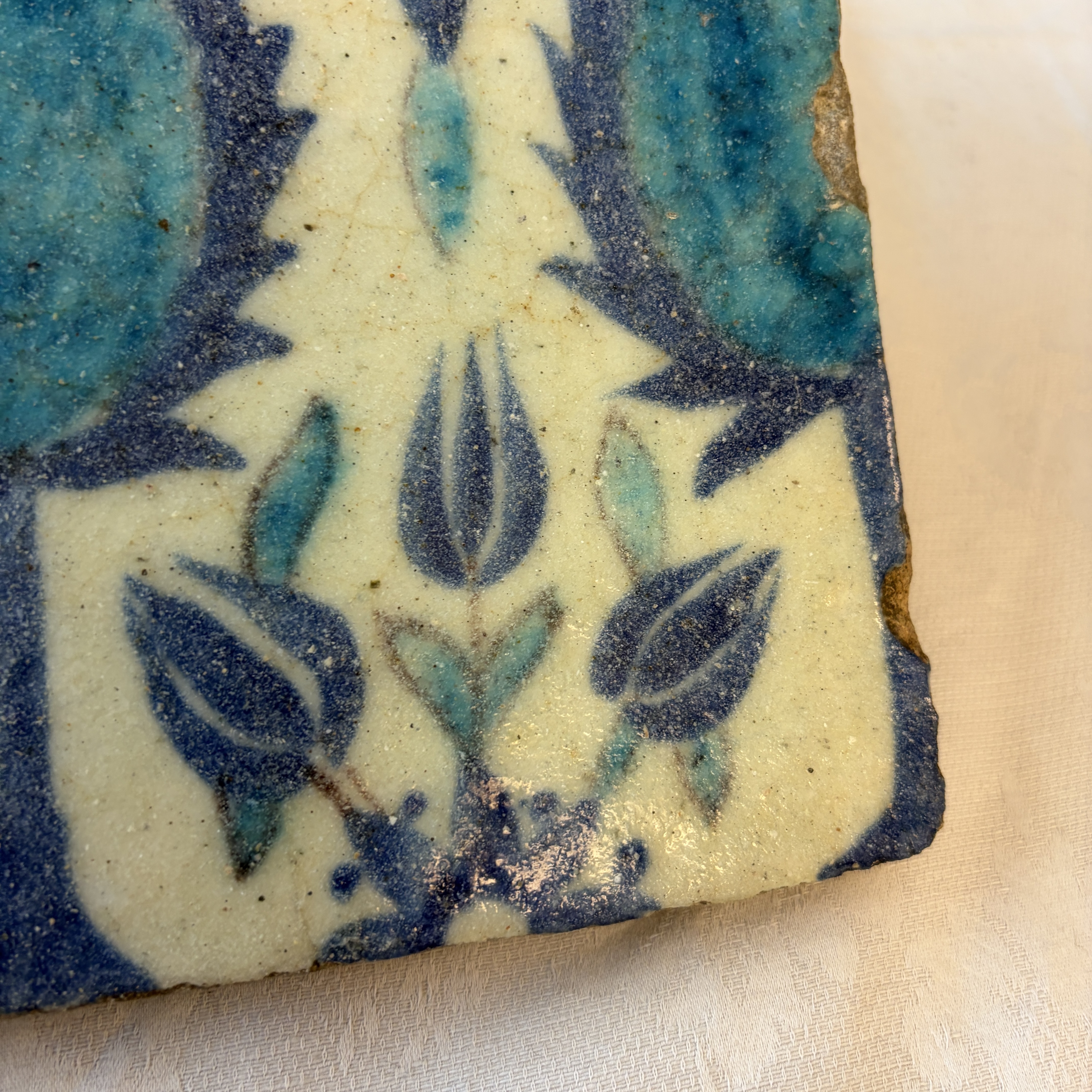 A blue and turquoise Damascus pottery tile with cypress trees — photo 9
