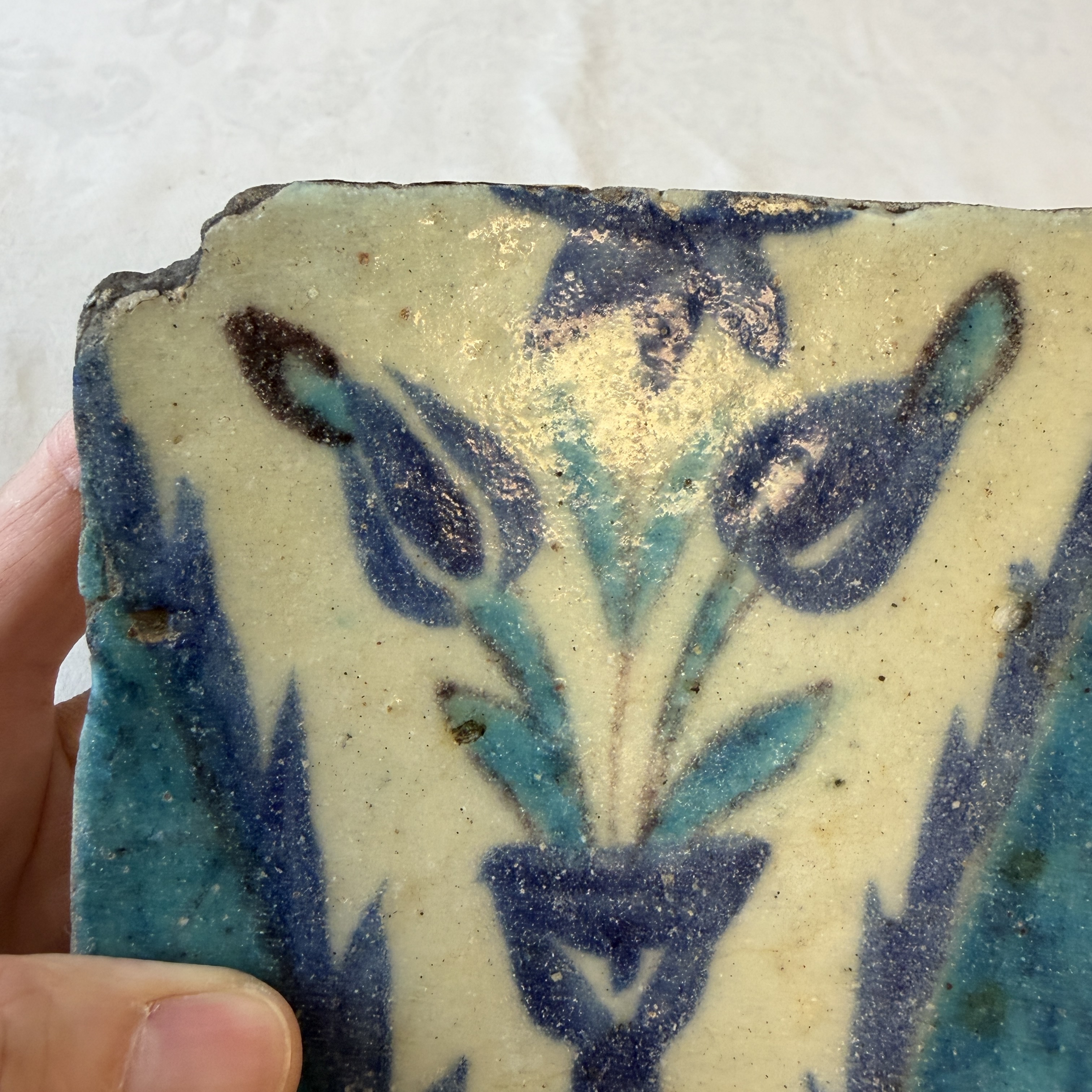 A blue and turquoise Damascus pottery tile with cypress trees — photo 2