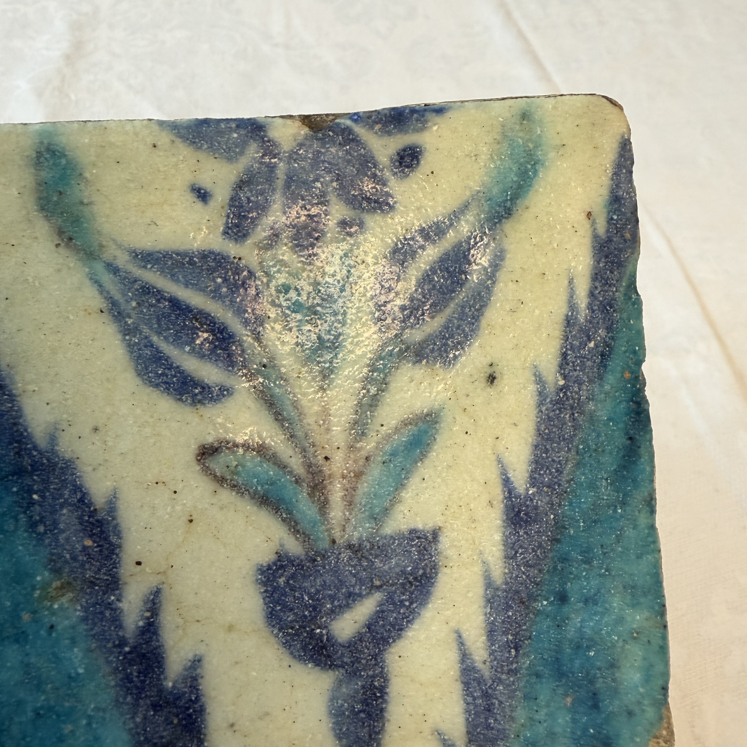 A blue and turquoise Damascus pottery tile with cypress trees — photo 4