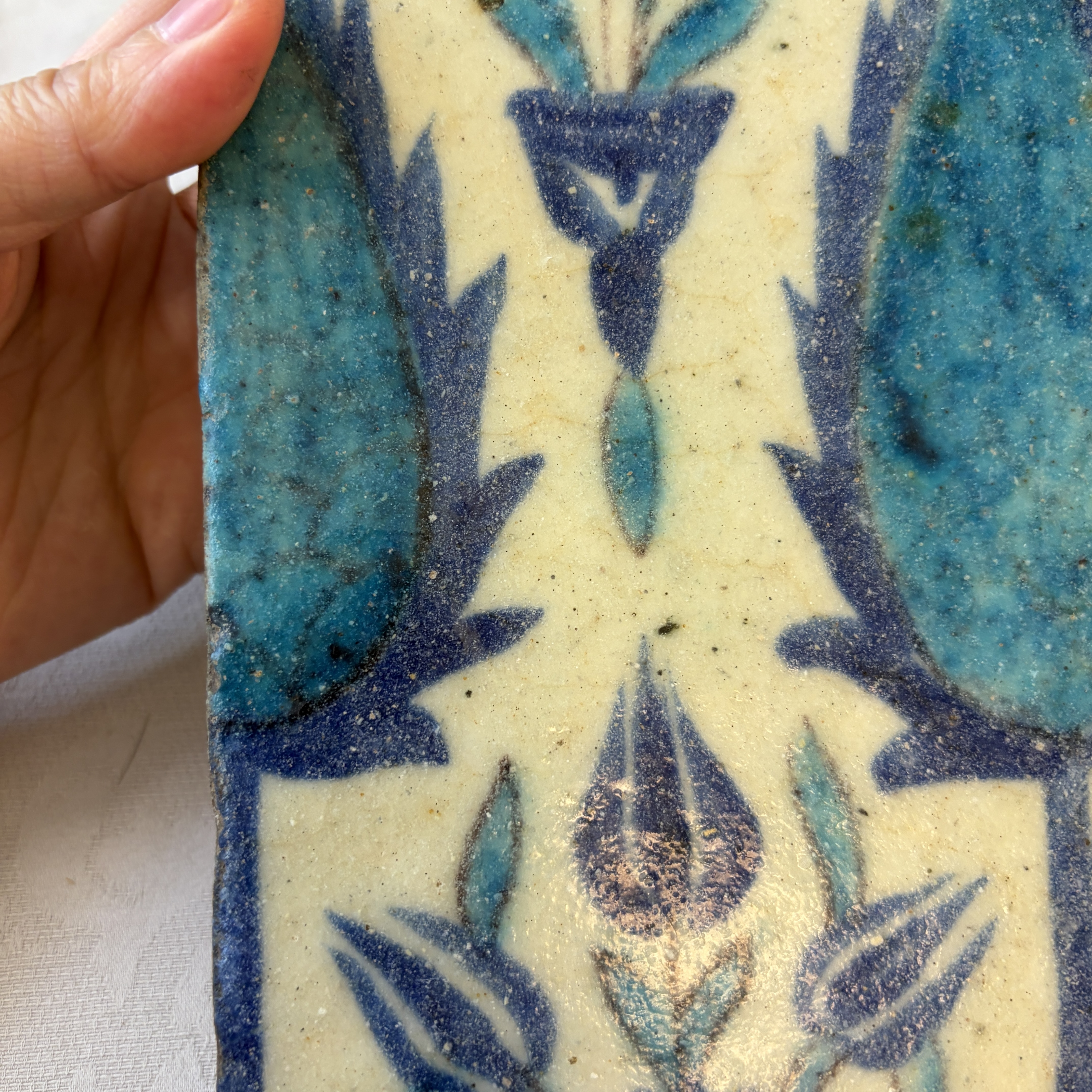 A blue and turquoise Damascus pottery tile with cypress trees — photo 6
