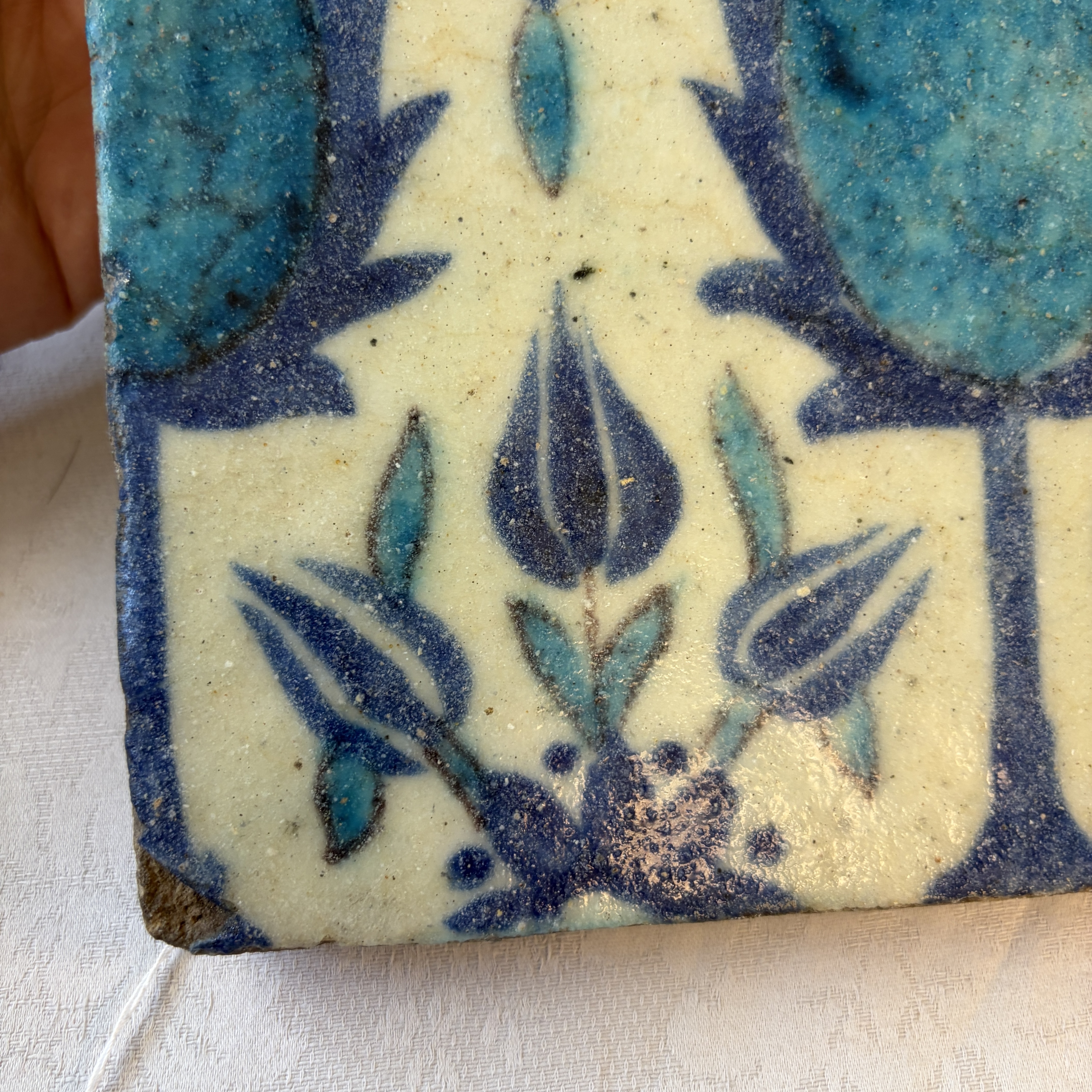 A blue and turquoise Damascus pottery tile with cypress trees — photo 7