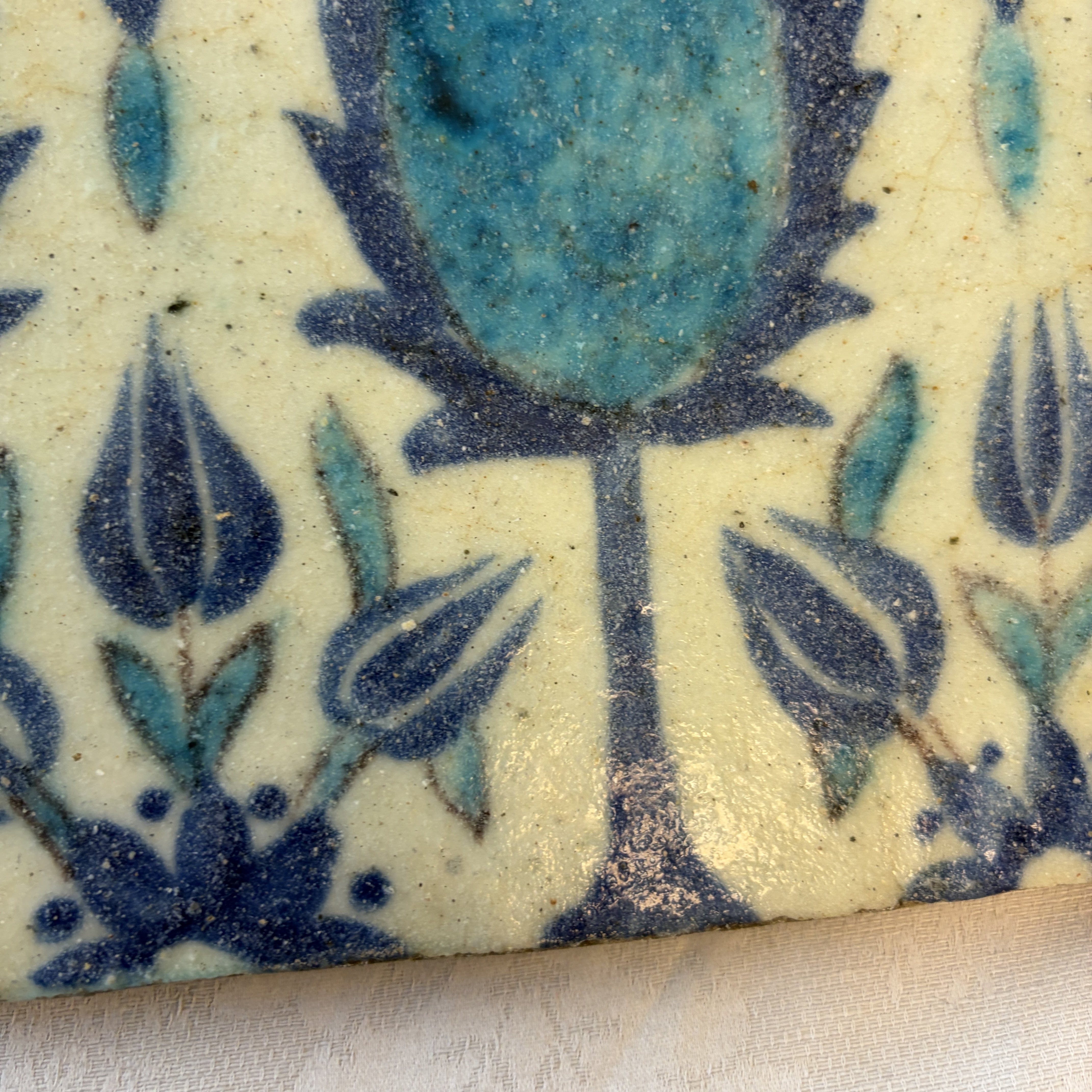 A blue and turquoise Damascus pottery tile with cypress trees — photo 8